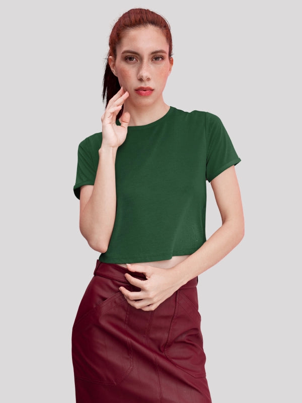 Olive Green Plain Crop Top for Women