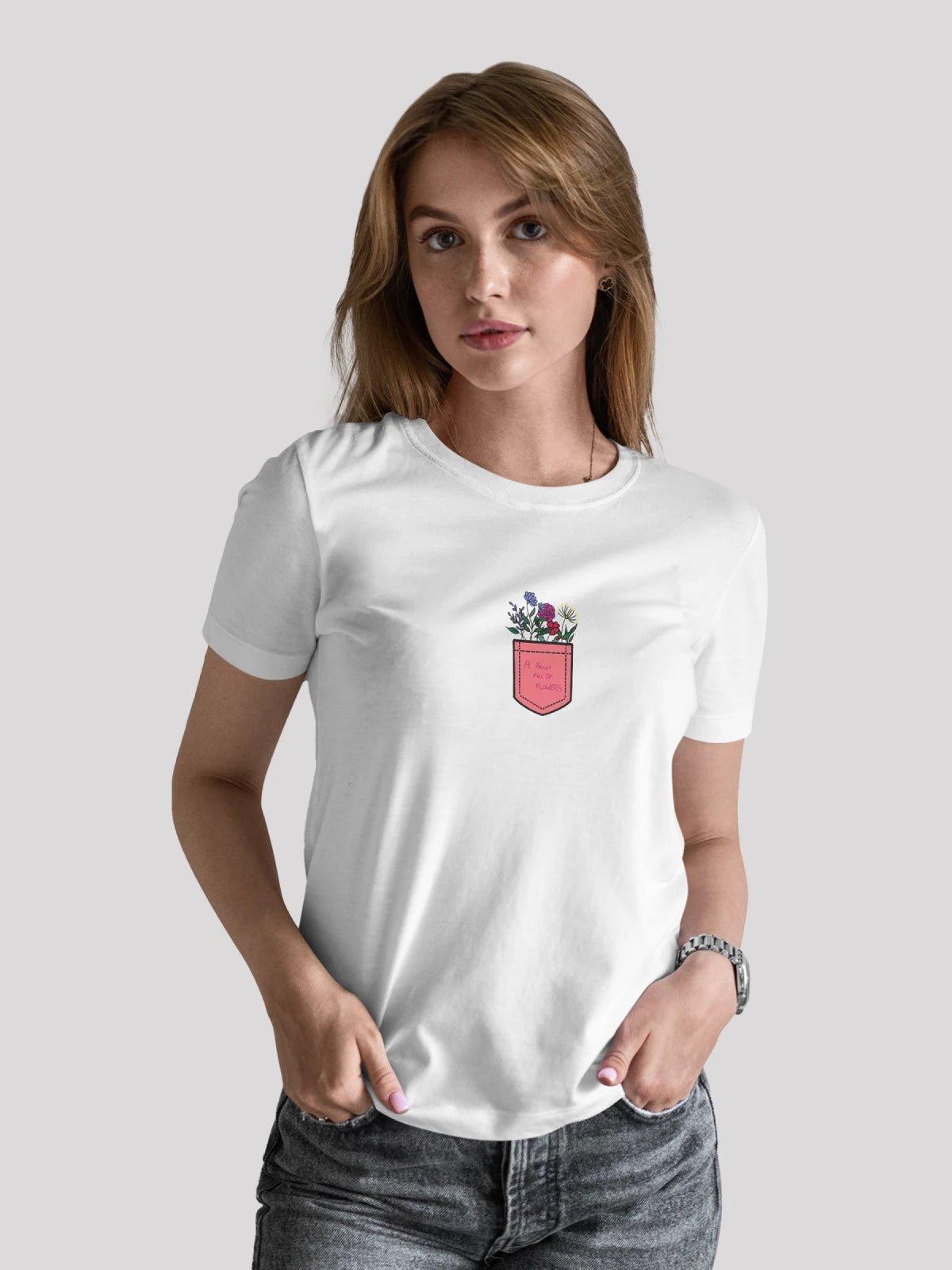 Floral Pocket White T-Shirt for Women