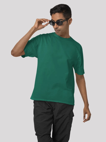 Teal Green Solid Round Neck Regular Fit Cotton T-shirt