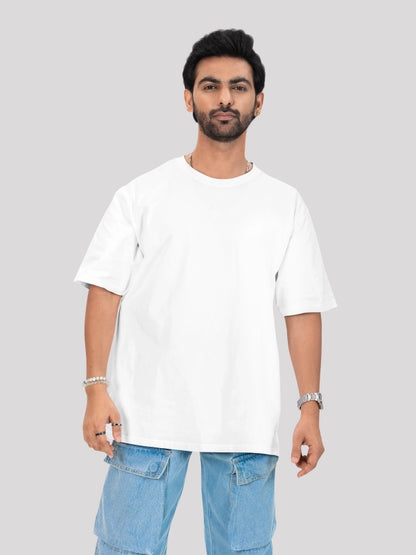 White Solid Round Neck Oversized Cotton T-shirt