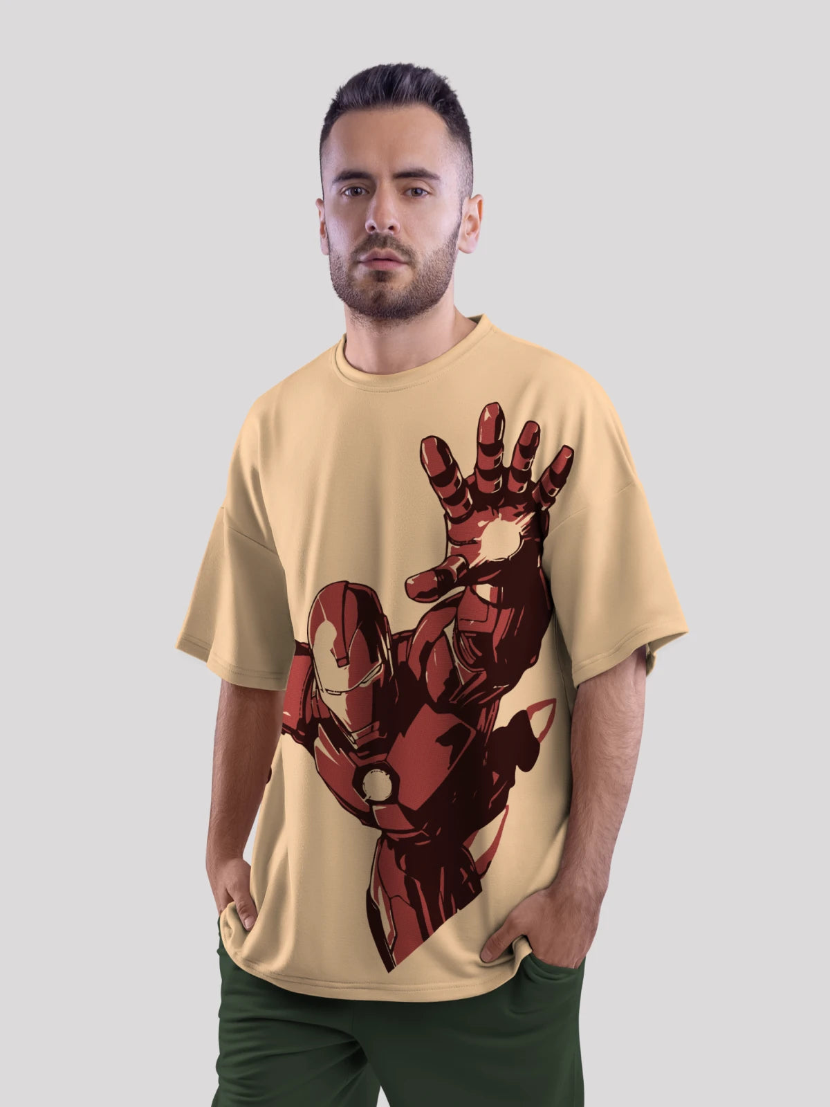 Invincible Ironman Beige Oversized Printed T- shirt