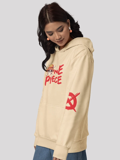 One Piece Beige Heavyweight Printed Oversized Hoodie