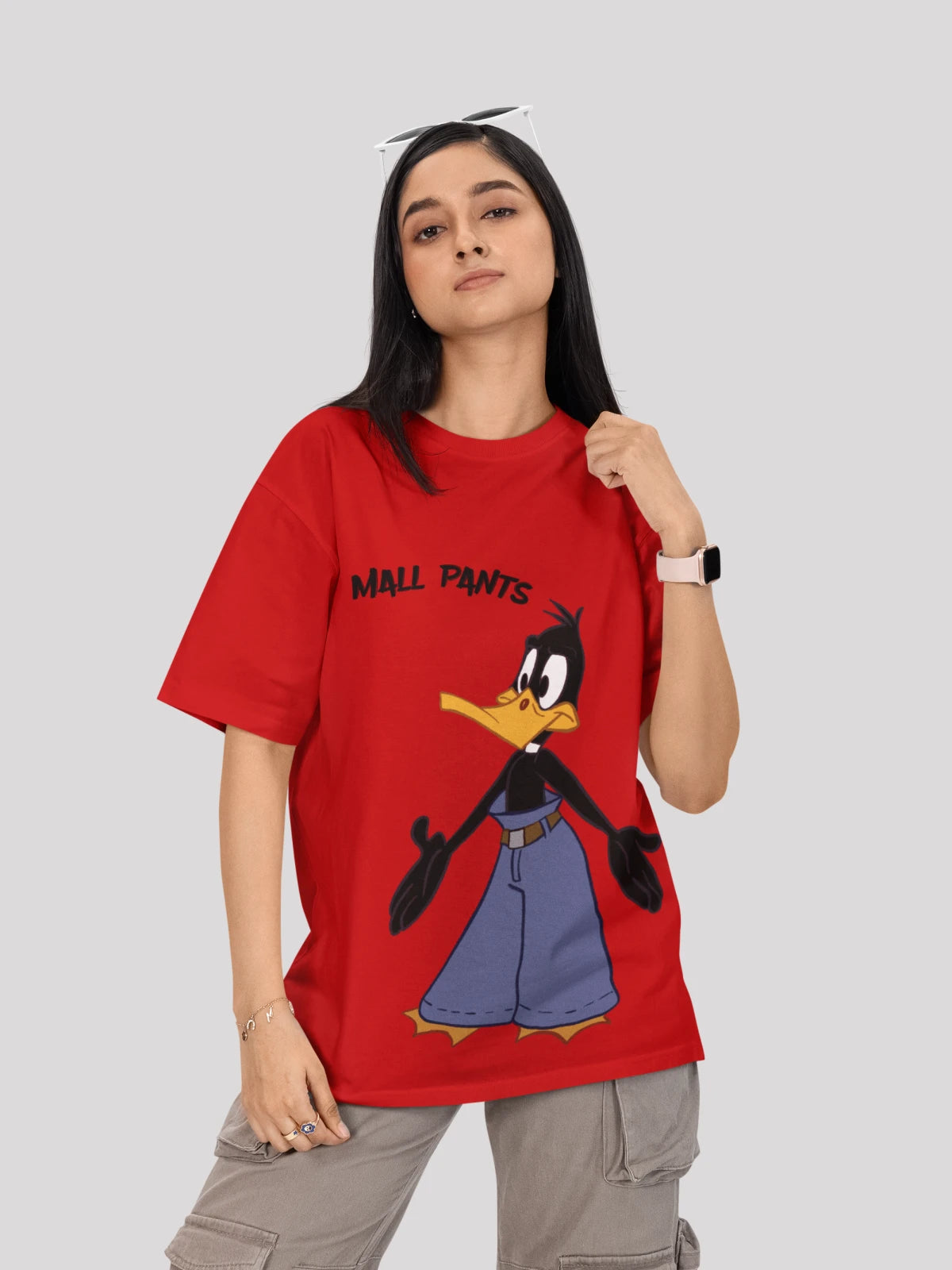 Daffy Duck: Looney Tunes Themed Red Cartoon Print  Oversized T-shirt