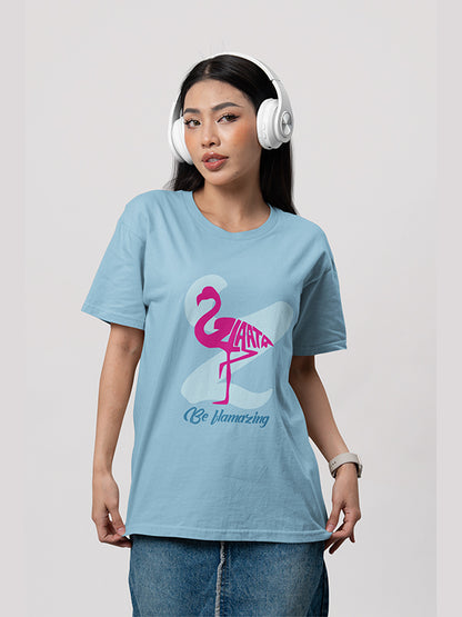 Flamazing Tropic Zlaata- Flamingo Printed Blue Oversized T- Shirt