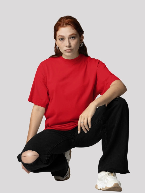 Red Solid Round Neck Oversized Cotton T-shirt