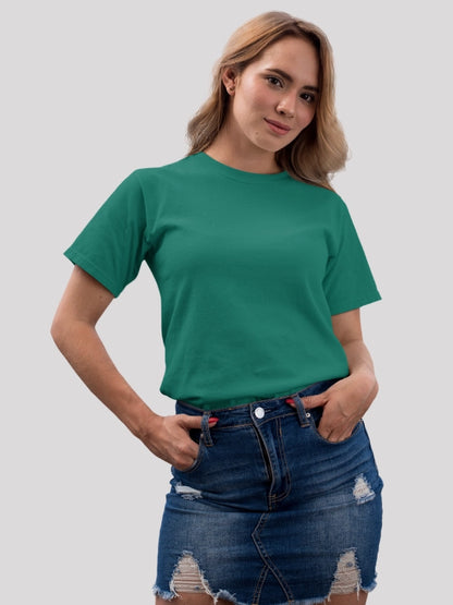 Teal Green Solid Round Neck Regular Fit Cotton T-shirt