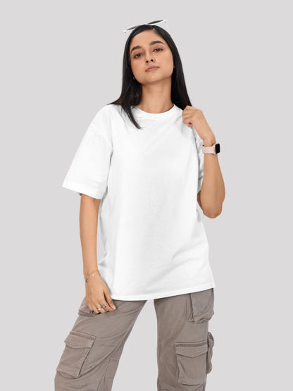 White Solid Round Neck Oversized Cotton T-shirt