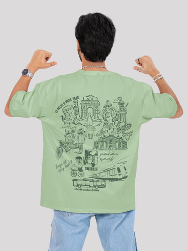 Delhi Se Hu: City-Themed Green Back Print Oversized T-shirt