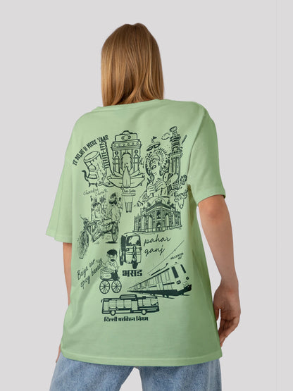 Delhi Se Hu: City-Themed Green Back Print Oversized T-shirt