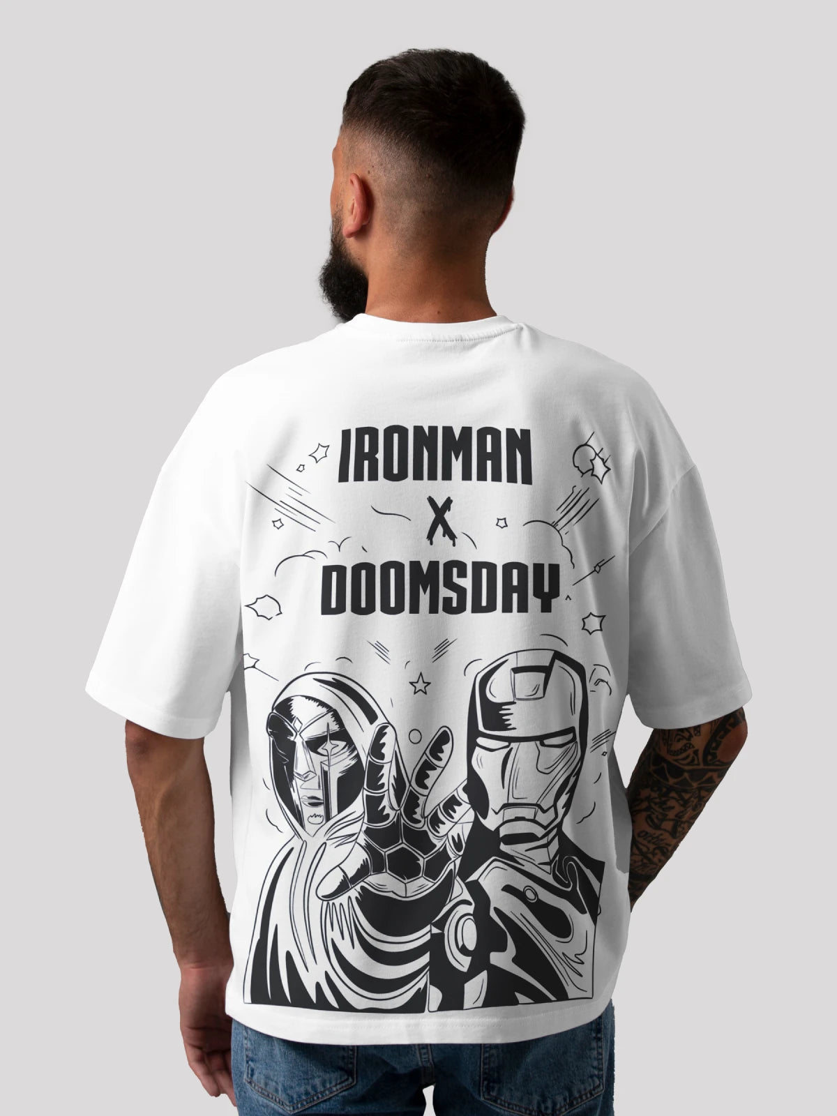 Edgy Ironman X Doomsday White Oversized Marvel T-shirt