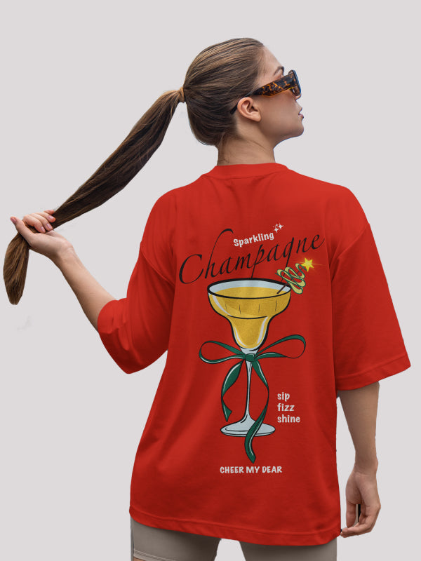 Sparkling Champagne Cute Back-Print Red Oversized T-shirt