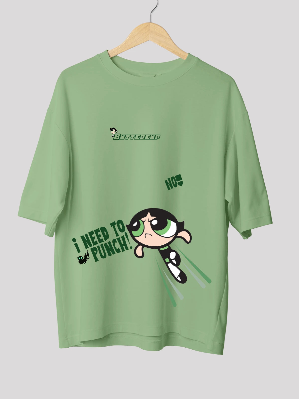 Rebellious Buttercup Green Printed Oversized Powerpuff Girls T-shirt