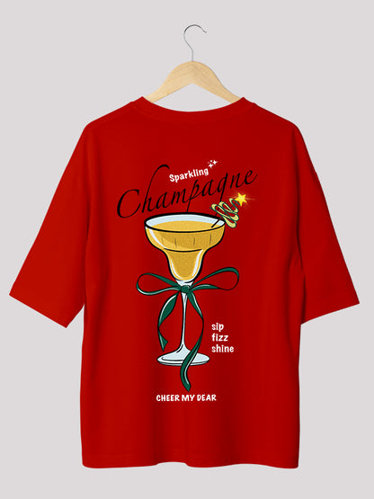 Sparkling Champagne Cute Back-Print Red Oversized T-shirt