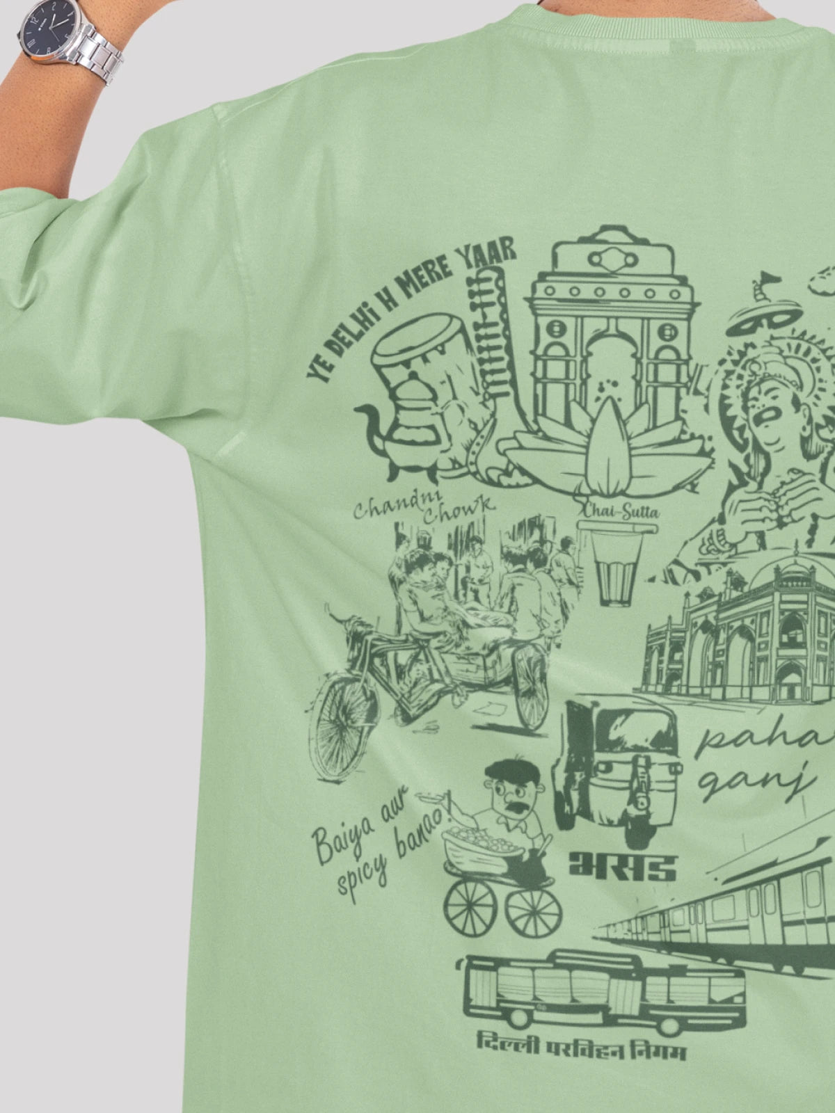 Delhi Se Hu: City-Themed Green Back Print Oversized T-shirt