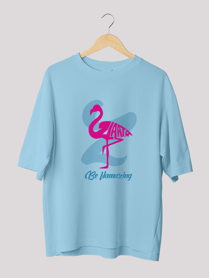 Flamazing Tropic Zlaata- Flamingo Printed Blue Oversized T- Shirt