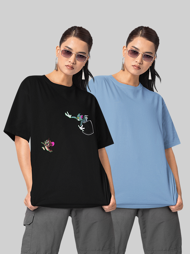 Tom & Jerry And Plain Baby Blue Oversize T-Shirt