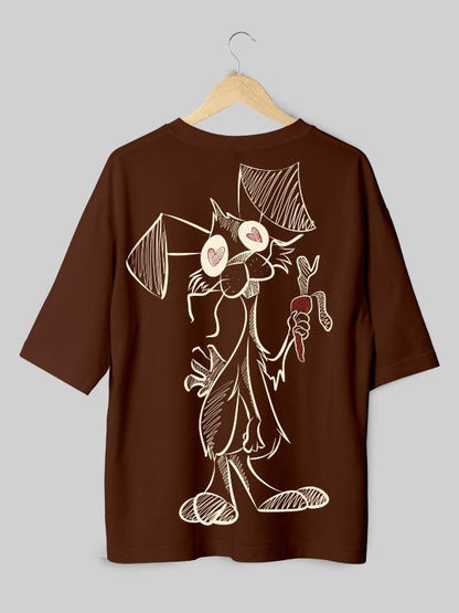 Brown Bunny Illustration Back Print Oversized Women's T-shirt